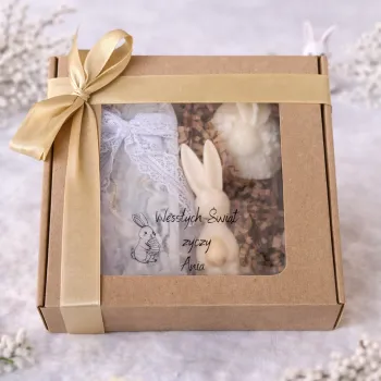 Wielkanocny Box Prezentowy – Świeczki Króliczki + Jajko + Podstawka | Personalizowany Prezent na Wielkanoc
